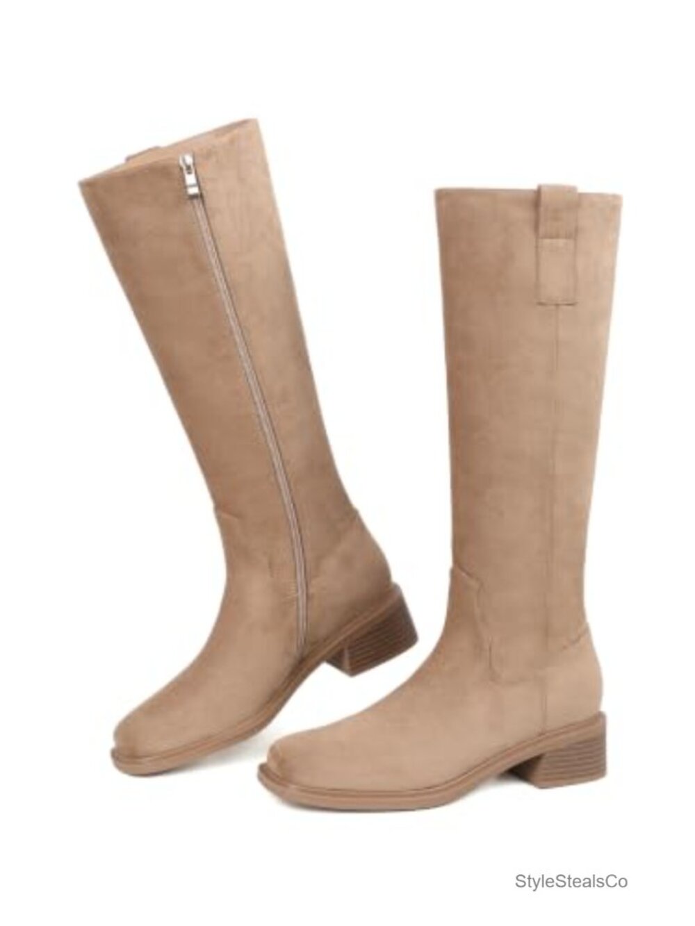 Faux Suede Knee High Boots Square Toe Block Heel Side Zip Womens